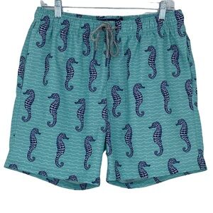 Rainforest turquoise & navy seahorse print swim trunks, S